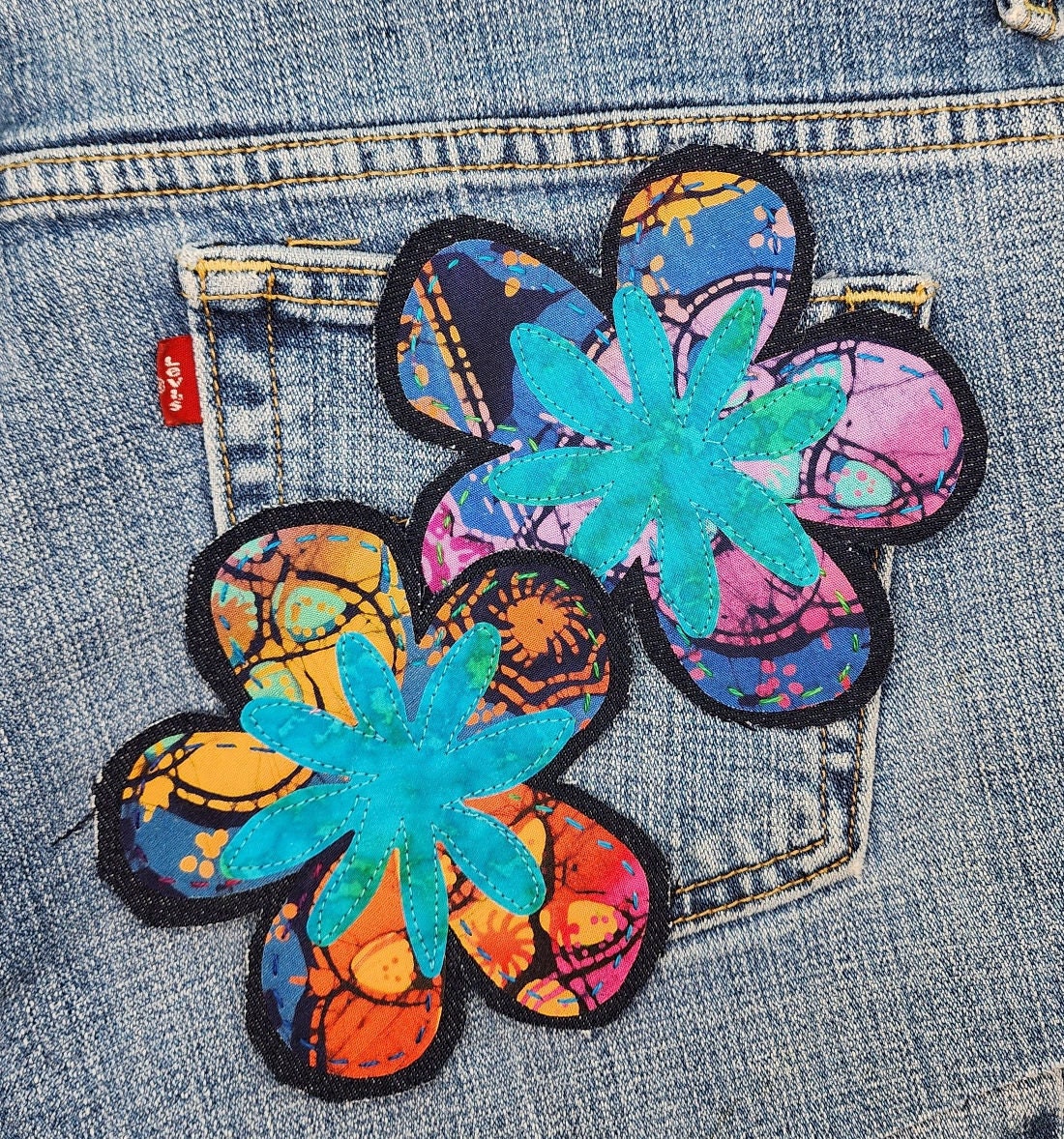 Handmade Batik Flower Patches Boho Jean Patches 70's Denim Patches Sew-On Applique Flower Patches