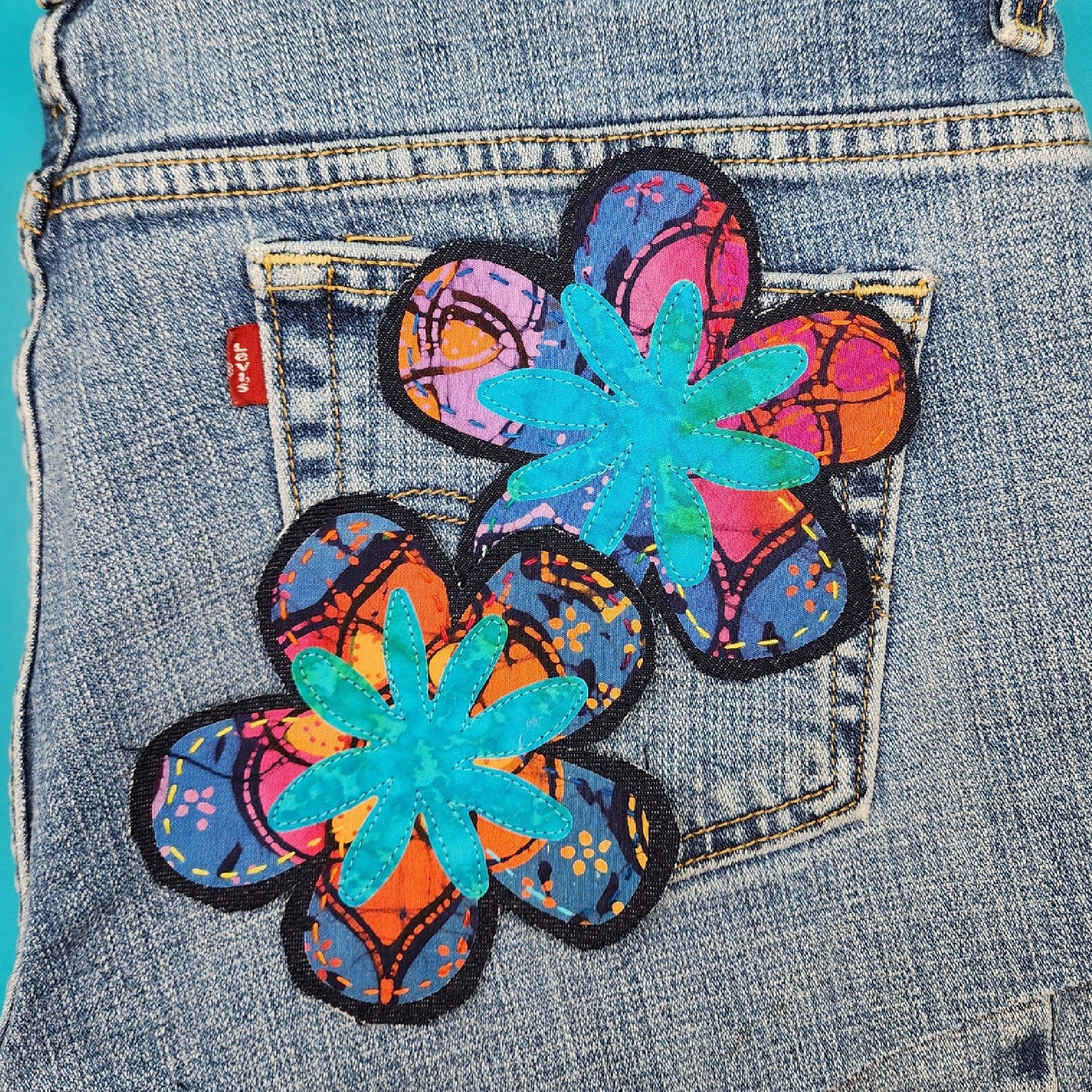 Handmade Batik Flower Patches Boho Jean Patches 70's Denim Patches Sew-On Applique Flower Patches