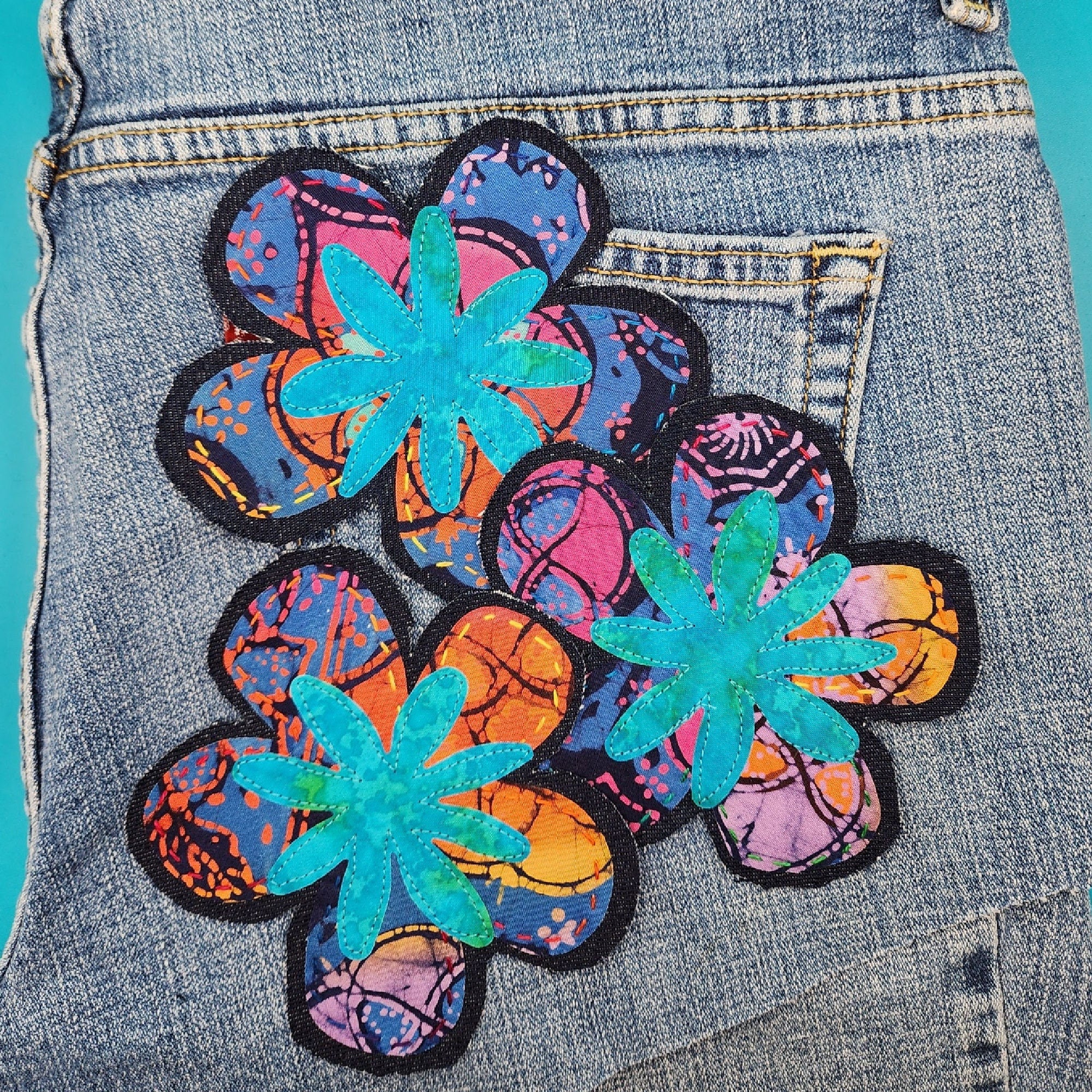 Handmade Batik Flower Patches Boho Jean Patches 70's Denim Patches Sew-On Applique Flower Patches