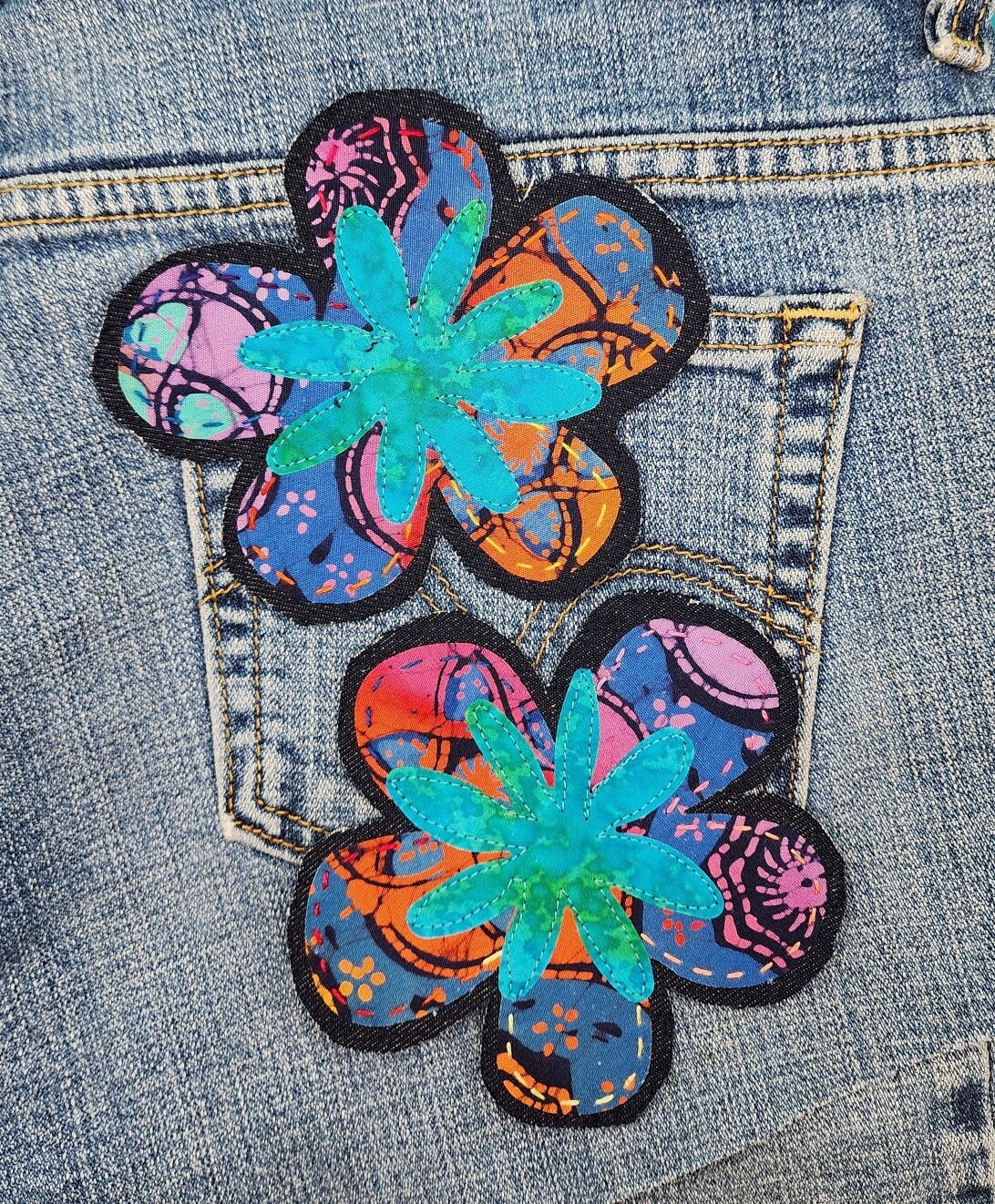 Handmade Batik Flower Patches Boho Jean Patches 70's Denim Patches Sew-On Applique Flower Patches