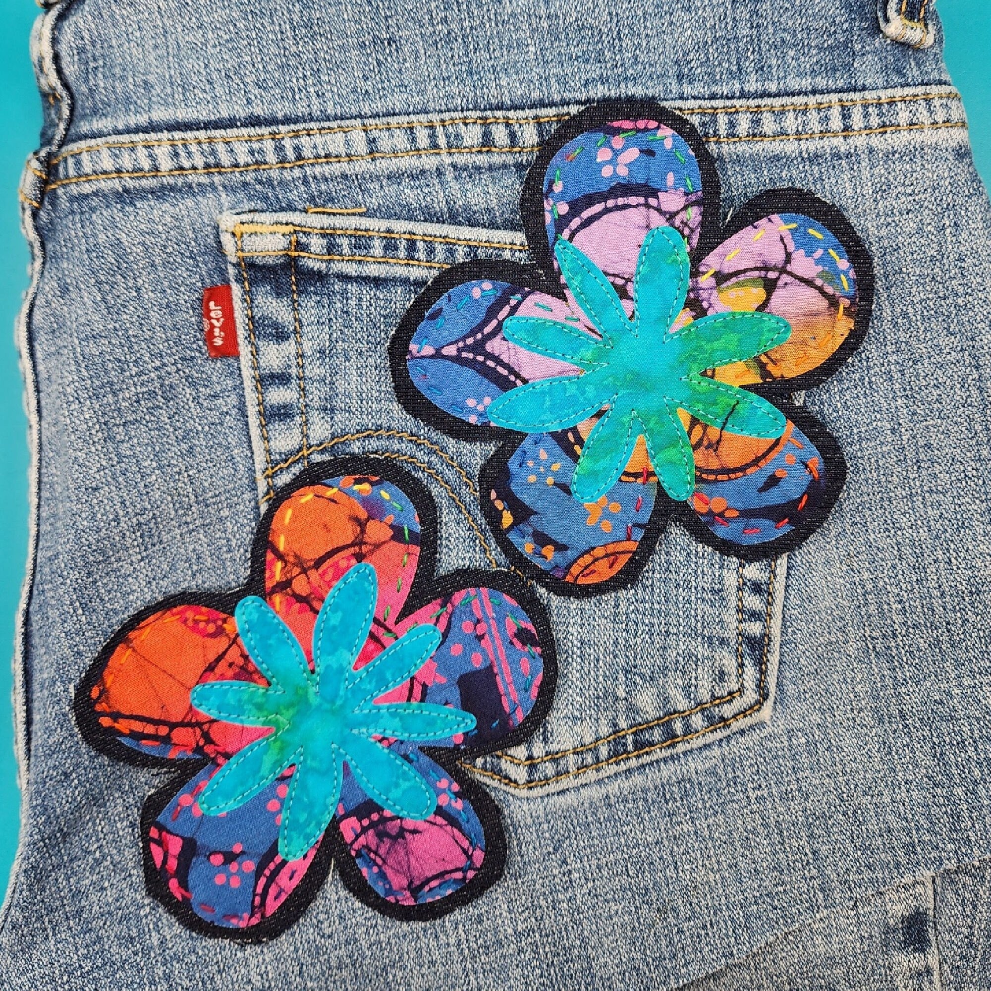 Handmade Batik Flower Patches Boho Jean Patches 70's Denim Patches Sew-On Applique Flower Patches